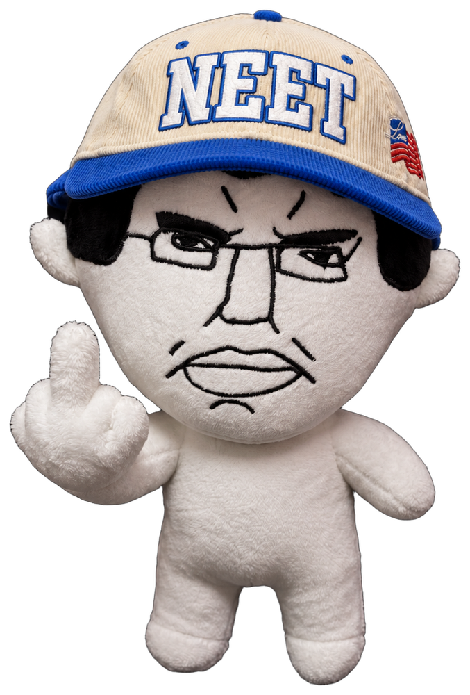 NEET chud plush in a NEET cap, flipping you off